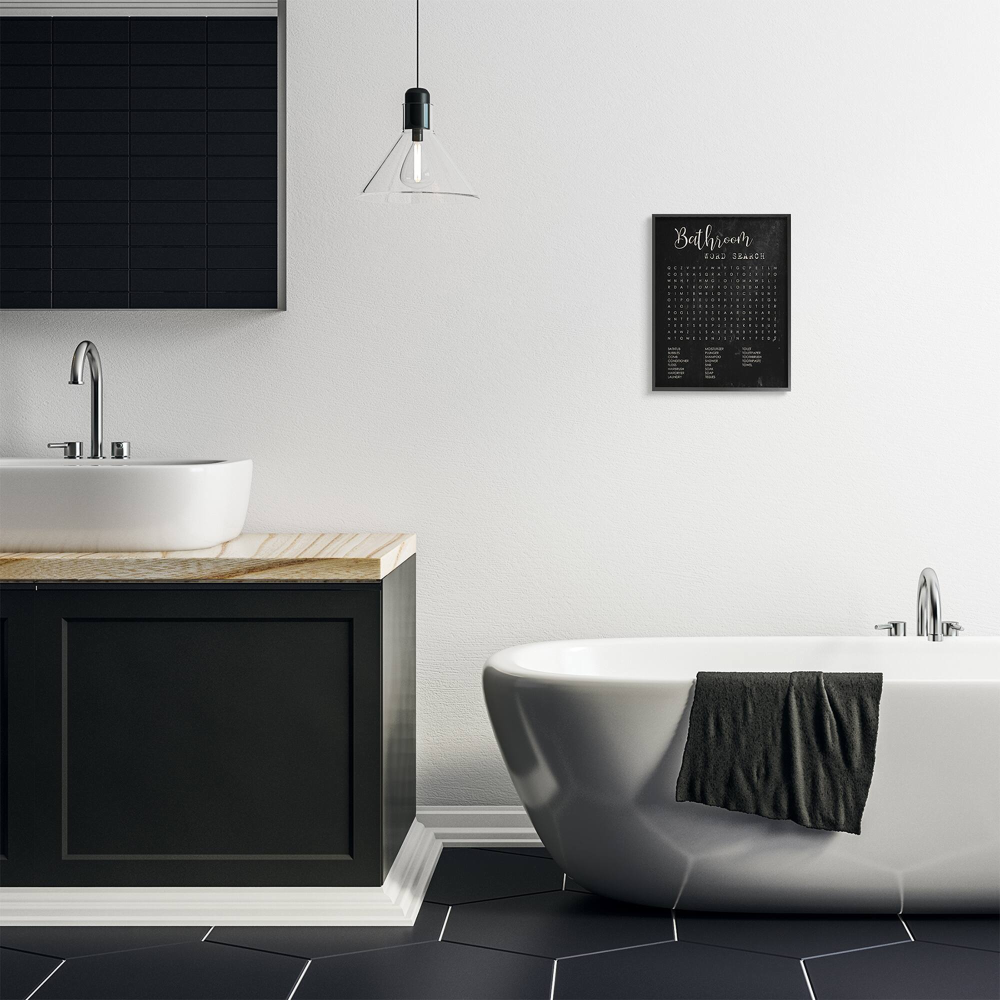 Stupell Industries Bathroom Word Search Activity over Distressed Black Framed Wall Art